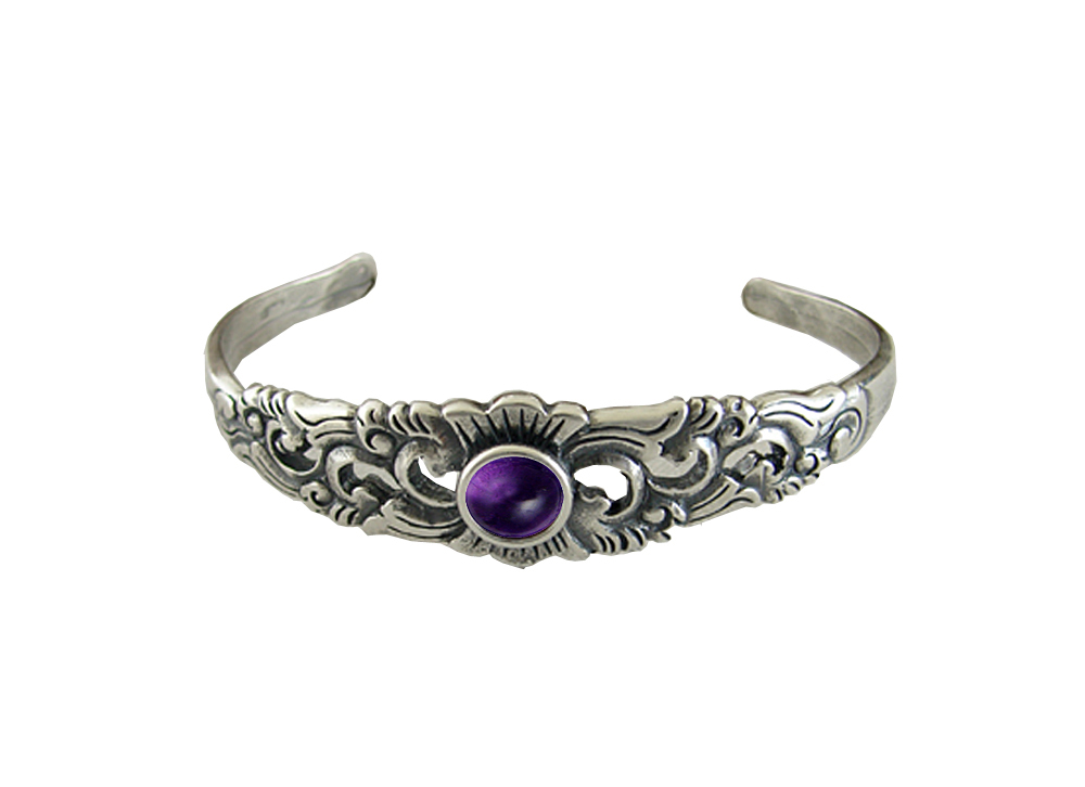 Sterling Silver Detailed Cuff Bracelet With Amethyst